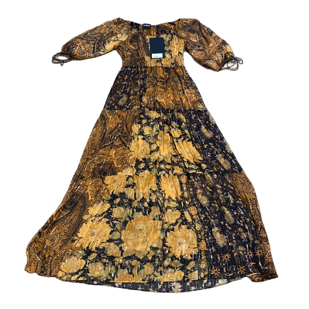 The Kooples Stellar Patchwork Floral Maxi Dress Boho Gold Black SIZE 1